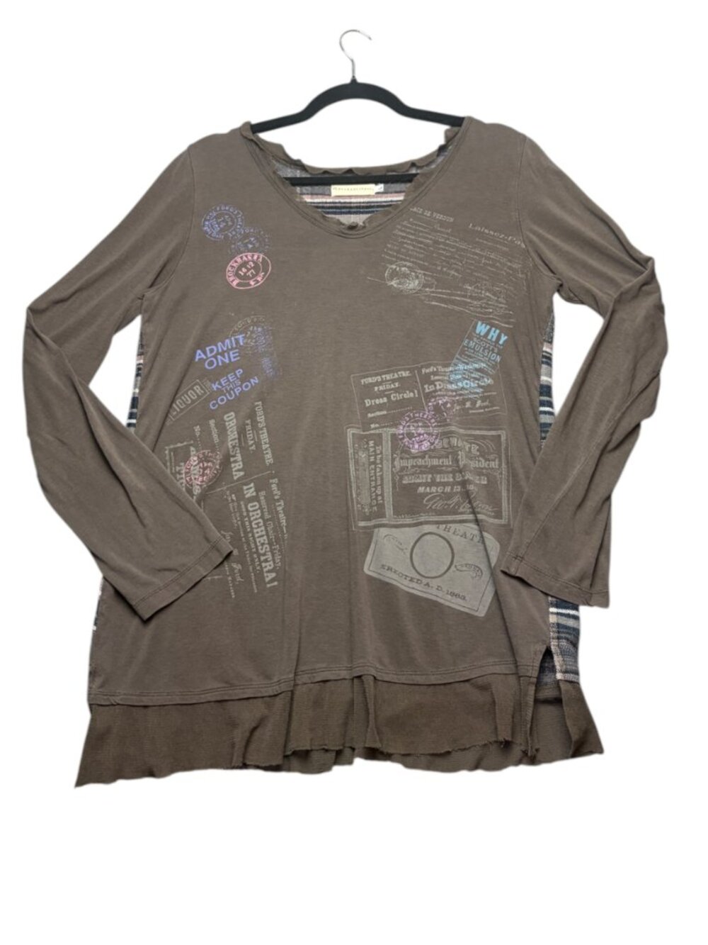 Love and Liberty Size L Long Sleeve Blouse Top Brown Plaid Postmark Graphic Edgy - Picture 2 of 8